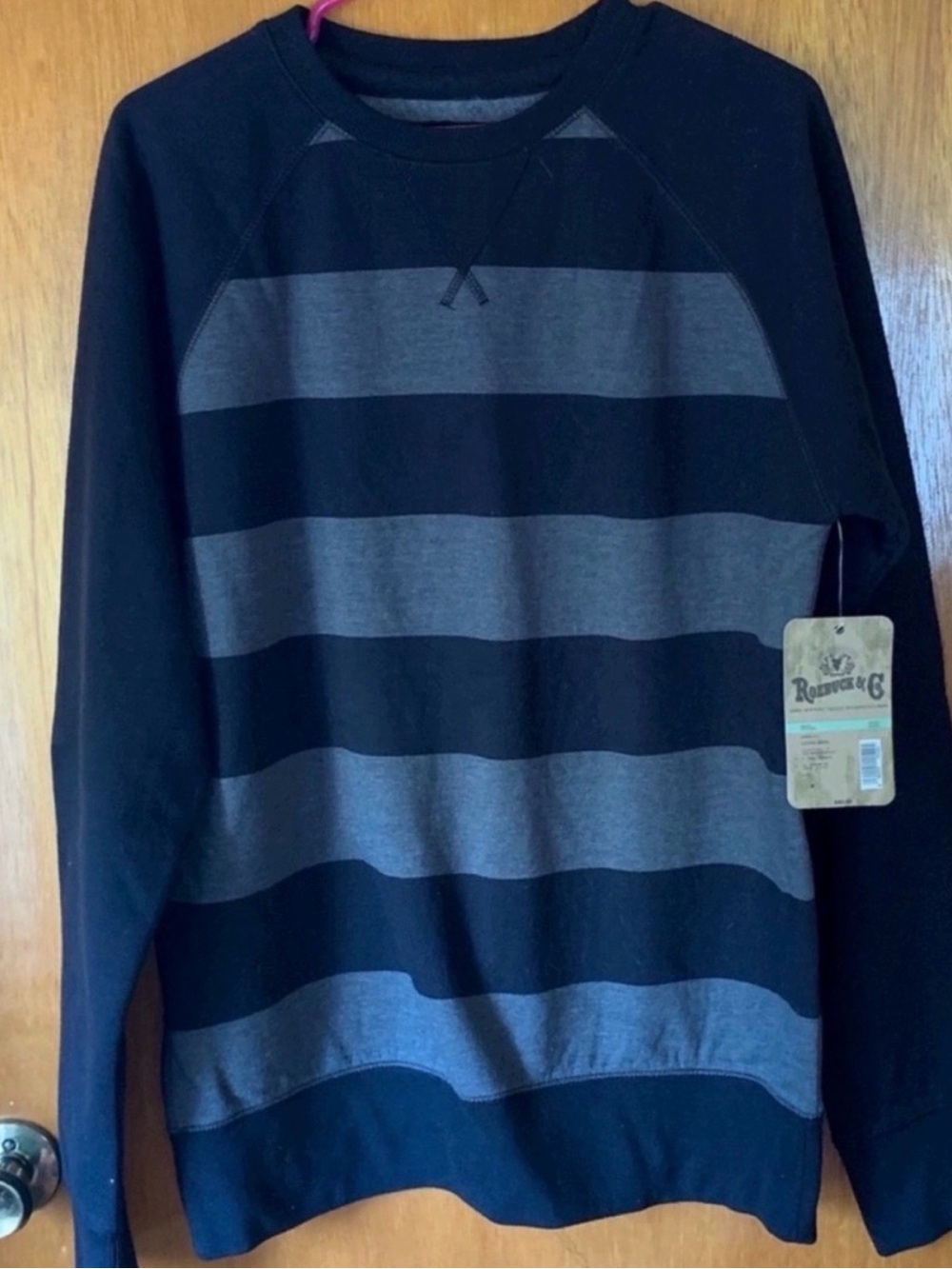 Men's Black and Gray Striped Crewneck Sweater